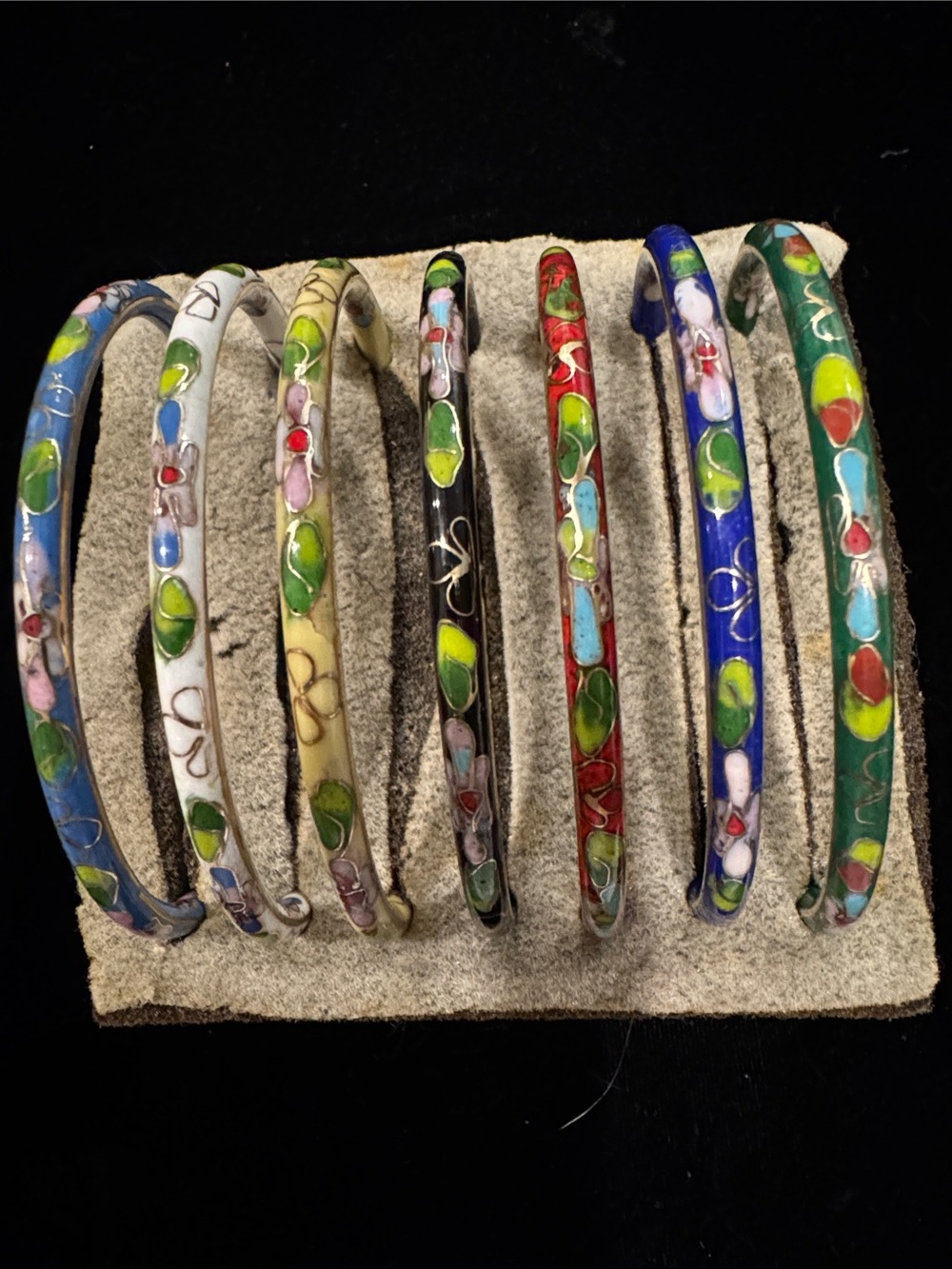 Set of 7 Vintage Cloisonné Floral Slim Bangle Bracelets - Assorted Colors